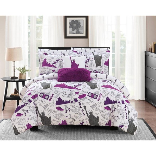 Fixturesfirst 7 Piece Battery Reversible Comforter Set - Purple, Grey & White - Twin & Twin XL Size FI2541964